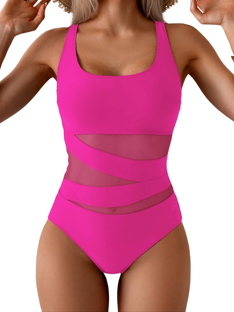 B2prity Women's Mesh One Piece Swimsuit Tummy Control Sexy Bathing Suit Push Up Swim Suit Slimming Swimwear Hot Pink - Image 1