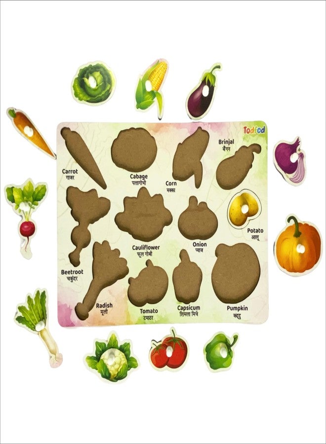 TodFod Wooden Vegetables Puzzle for Kids | 7 Pcs Knobbed Shape Matching Board | Montessori Learning Toy for Toddlers Ages 2-5 | Safe Non-Toxic Wood Educational Puzzle - Image 2