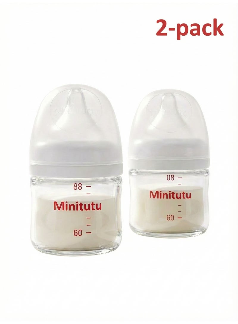 Minitutu Pack of 2 Glass Feeding Bottles for Newborns - Anti-Colic Baby Milk Bottle with Breast-Like Nipple, BPA Free, Heat Resistant (Clear) - Image 1