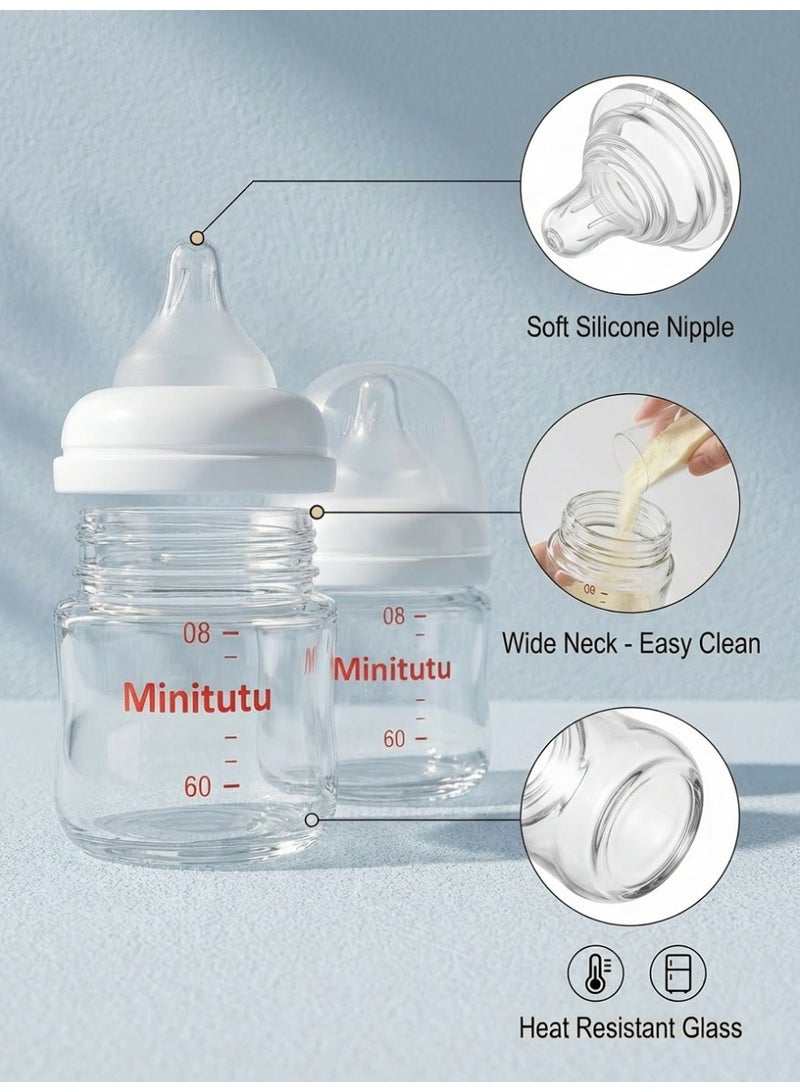 Minitutu Pack of 2 Glass Feeding Bottles for Newborns - Anti-Colic Baby Milk Bottle with Breast-Like Nipple, BPA Free, Heat Resistant (Clear) - Image 3