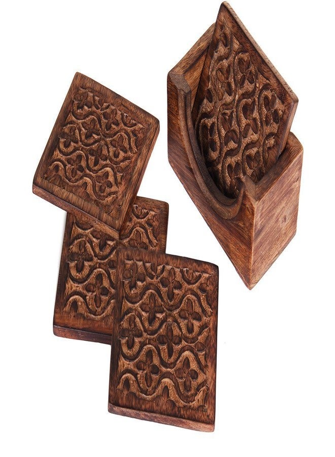 storeindya Store Indya Set of 4 Handmade Wooden Coasters Absorbent Cool Drink Coasters with Holder Unique Bar Decor Accessories Best Housewarming Gift (Design 13) - Image 3