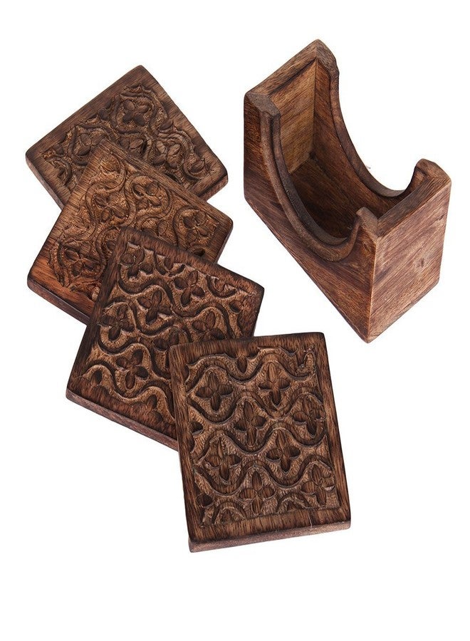 storeindya Store Indya Set of 4 Handmade Wooden Coasters Absorbent Cool Drink Coasters with Holder Unique Bar Decor Accessories Best Housewarming Gift (Design 13) - Image 5