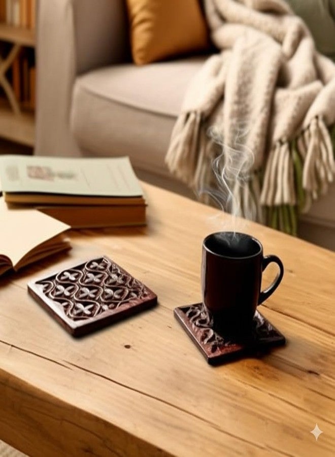 storeindya Store Indya Set of 4 Handmade Wooden Coasters Absorbent Cool Drink Coasters with Holder Unique Bar Decor Accessories Best Housewarming Gift (Design 13) - Image 2