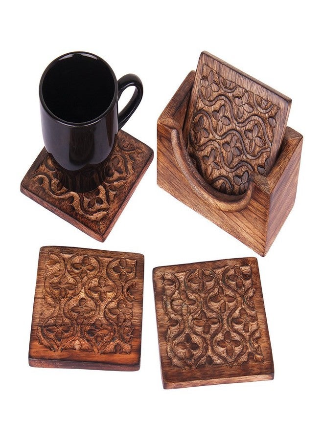 storeindya Store Indya Set of 4 Handmade Wooden Coasters Absorbent Cool Drink Coasters with Holder Unique Bar Decor Accessories Best Housewarming Gift (Design 13) - Image 1