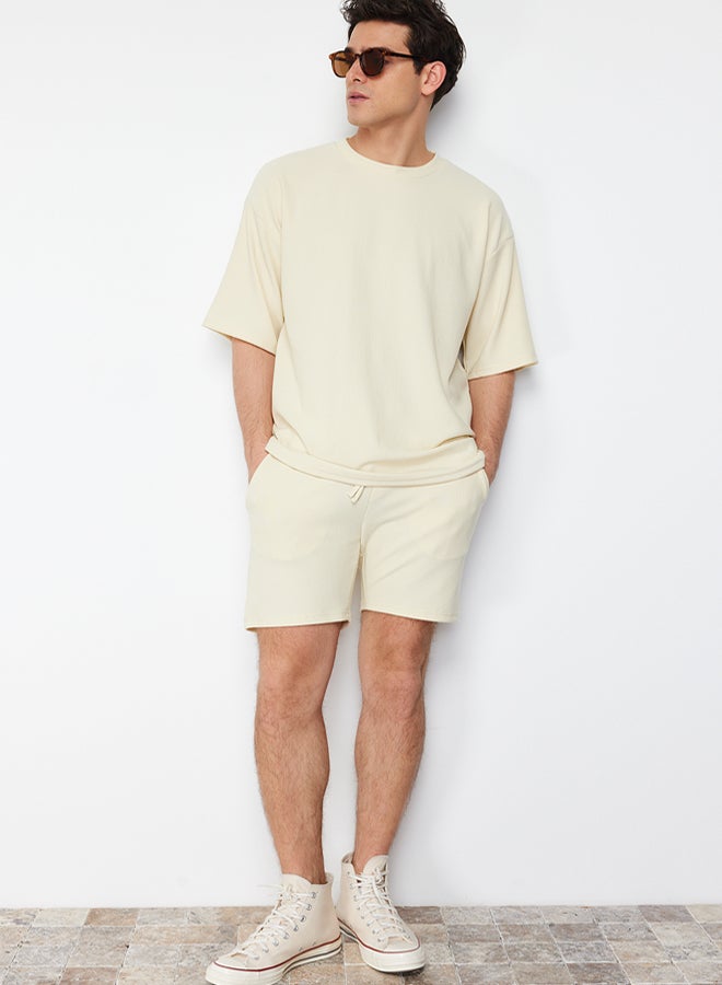 trendyol Ecru Regular/Normal Cut Medium Length Textured Wrinkle-Resistant Shorts - Image 1