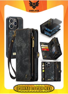 CaseMe Protective Phone Cover Case Wallet Case For Apple iPhone 14 Pro Max, 2 in 1 Detachable Premium Leather Magnetic Zipper Pouch Wristlet Flip Phone Case (Black)  - Image 1