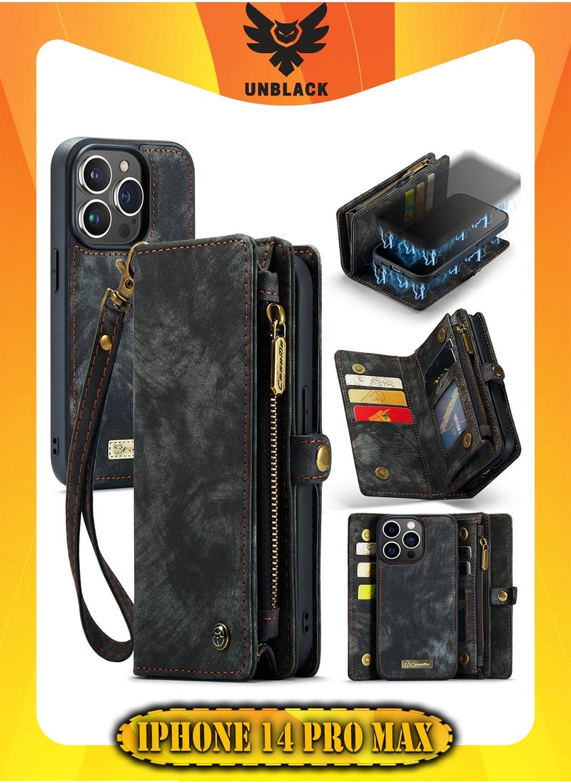 CaseMe Protective Phone Cover Case Wallet Case For Apple iPhone 14 Pro Max, 2 in 1 Detachable Premium Leather Magnetic Zipper Pouch Wristlet Flip Phone Case (Black)  - Image 1