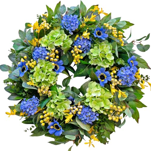 wreathqueen Spring Wreaths for Front Door 24 Inch Summer Wreath with Lifelike Blue Hydrangea Gerbera and Daisy Wreath Decor for Indoor or Outdoor Spring and Summer Wreaths for Front Door Outside - Image 1