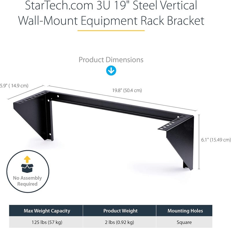 StarTech .com 3U 19" حامل رف عمودي مثبت على الحائط، حامل لوحة التصحيح المثبتة على الحائط لمعدات البيانات/AV/IT/الكمبيوتر، 3U رف للخزانة أو غرفة الخادم، يدعم 150 رطل (68 كجم)، TAA (RK319WALLV) - Image 2