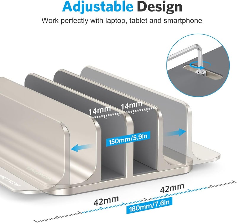 Omoton Vertical Laptop Stand [Updated Double Version], Desktop Aluminum Mac Book Stand with Adjustable Dock Size, Fits All Mac Book, Surface, Chrome Book and Gaming Laptops (Up to 17.3") (Starlight) - Image 4