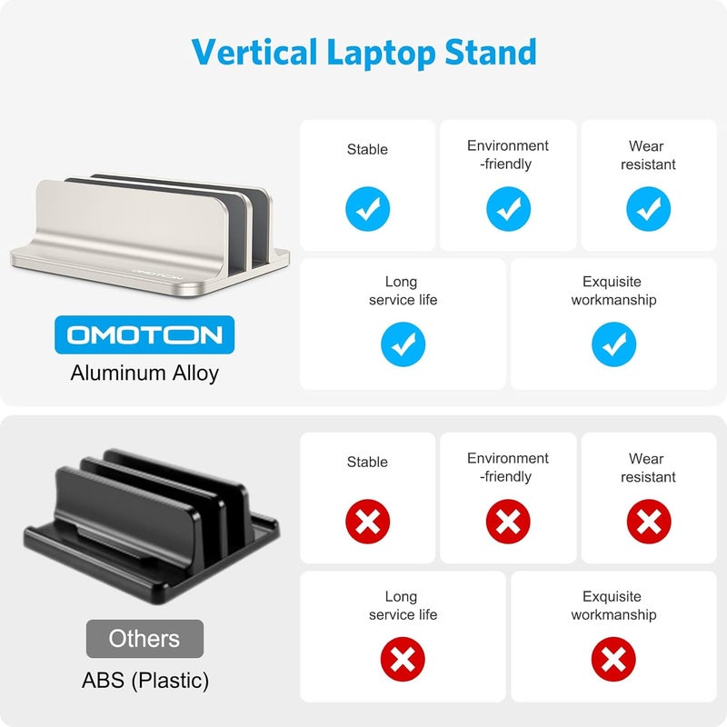 Omoton Vertical Laptop Stand [Updated Double Version], Desktop Aluminum Mac Book Stand with Adjustable Dock Size, Fits All Mac Book, Surface, Chrome Book and Gaming Laptops (Up to 17.3") (Starlight) - Image 2