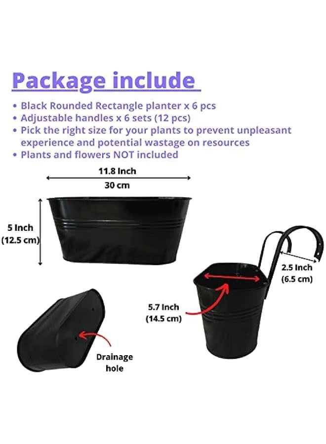 بلاك ميتال آيرون زارع للأعشاب الخارجي (6 قطع، 11.8 بوصة) أواني الزهور المعلقة على درابزين السطح، دلو سياج خارجي، تصميم ريفي بوهيمي، حوامل للنباتات مثبتة على الحائط، صناديق نوافذ، زخارف للشرفات - Image 2