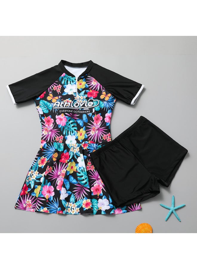 إسكدنيا ملابس سباحة رياضية للأطفال 2024 تنورة مقسمة بأكمام قصيرة للحماية من الشمس للفتيات المتوسطة والكبيرة بدلة سباحة فتاة - اللون: 2401 تنورة سوداء مقسمة - - Image 1