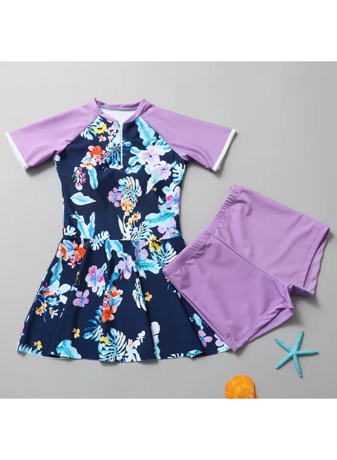 إسكدنيا ملابس سباحة رياضية للأطفال 2024 تنورة مقسمة بأكمام قصيرة للحماية من الشمس للفتيات المتوسطة والكبيرة بدلة سباحة فتاة - اللون: 2401 تنورة سوداء مقسمة - - Image 5