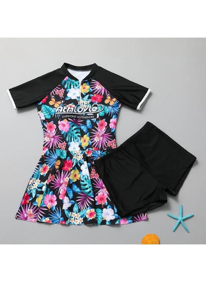 إسكدنيا ملابس سباحة رياضية للأطفال 2024 تنورة مقسمة بأكمام قصيرة للحماية من الشمس للفتيات المتوسطة والكبيرة بدلة سباحة فتاة - اللون: 2401 تنورة سوداء مقسمة - - Image 4