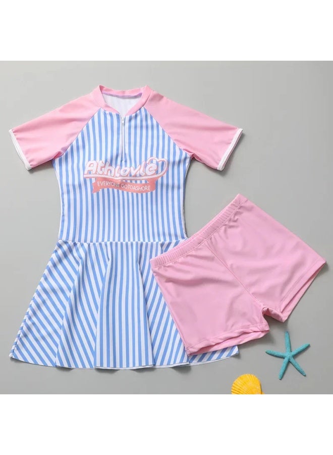 إسكدنيا ملابس سباحة رياضية للأطفال 2024 تنورة مقسمة بأكمام قصيرة للحماية من الشمس للفتيات المتوسطة والكبيرة بدلة سباحة فتاة - اللون: 2401 تنورة سوداء مقسمة - - Image 2