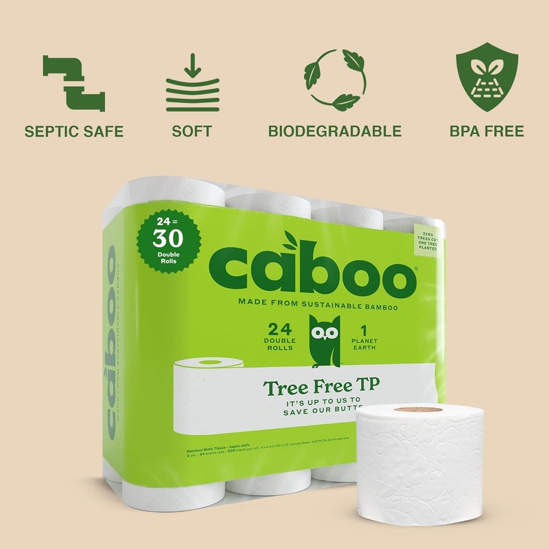 CABOO Tree Free Toilet Paper, Septic Safe Toilet Tissue, Chemical Free, Non Toxic, 2 Ply Bathroom Toilet Paper | Pack of 24 Double Rolls, 300 Sheets Per Roll - Image 2
