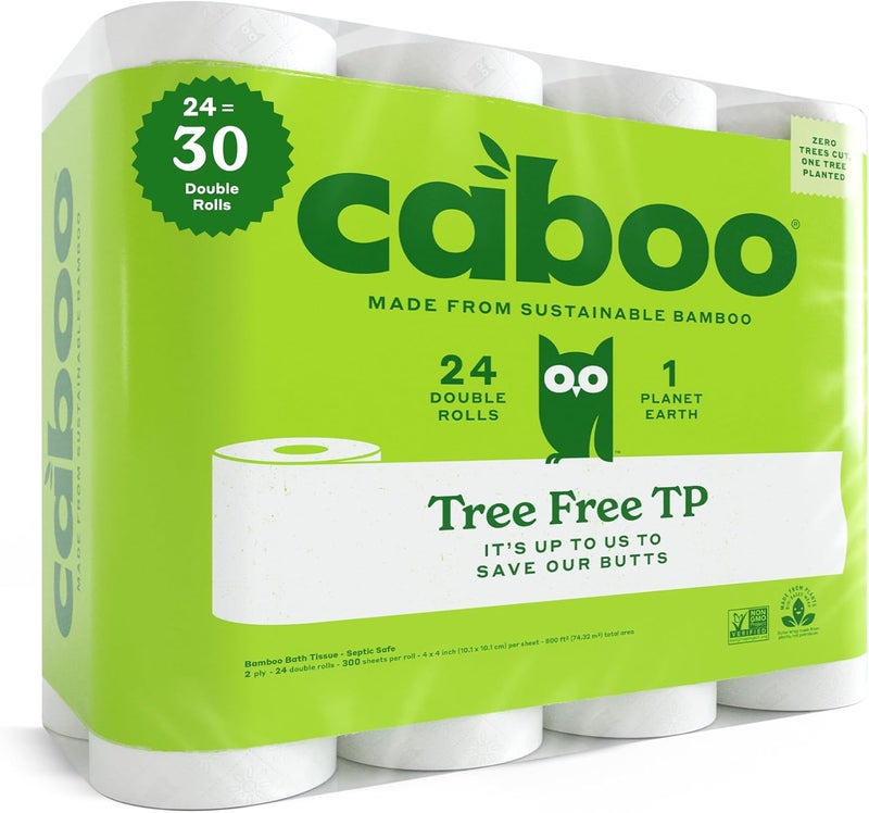 CABOO Tree Free Toilet Paper, Septic Safe Toilet Tissue, Chemical Free, Non Toxic, 2 Ply Bathroom Toilet Paper | Pack of 24 Double Rolls, 300 Sheets Per Roll - Image 1
