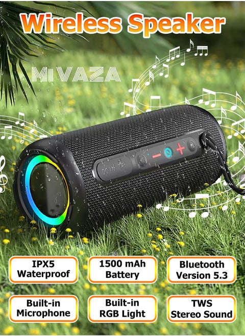 Wireless Bluetooth Speaker - Portable Mini Speaker With Battery and Bluetooth - 2x8 W Subwoofer with RGB Ambient Light - TWS Stereo Sound - IPX5 Waterproof - Support TF Card