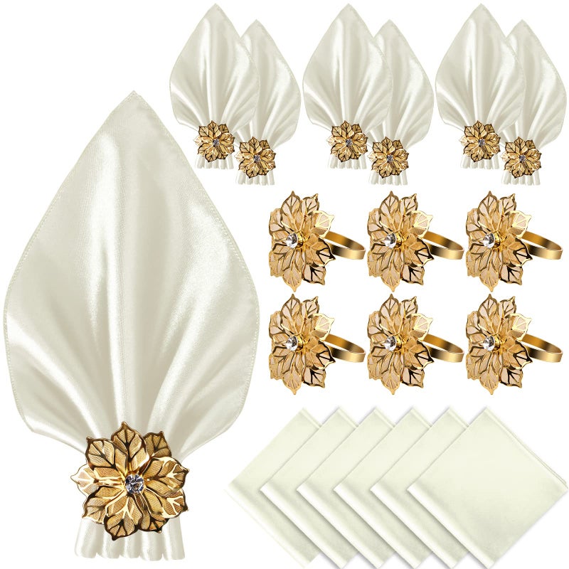Vijiv VIJIV 12 Pack Cloth Napkins and Gold Napkin Rings Set of 6 17x17 Square Satin Dinner Table Napkins Rings Flower Personalized Napkins Bridal Shower Napkins for Wedding Reception Party Decorative