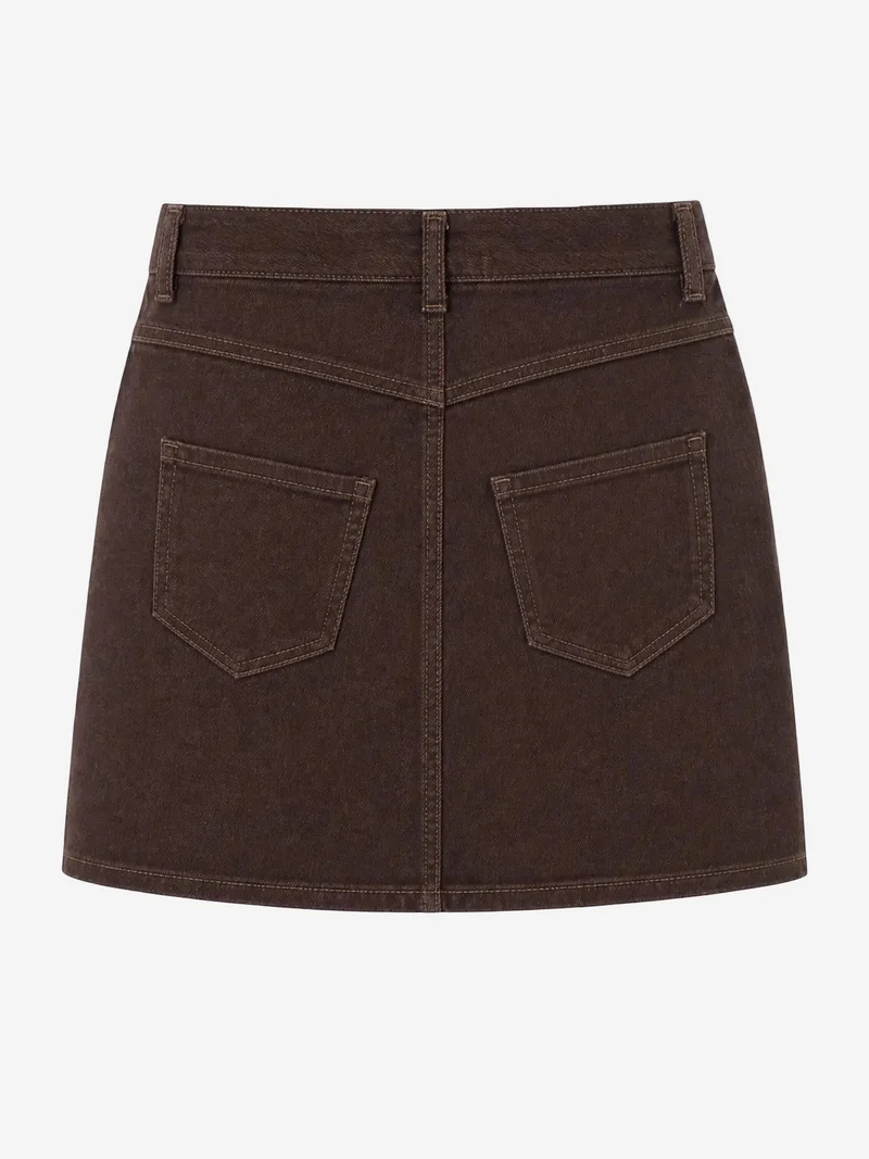 Mixray Coffee Brown MIXRAY High Waist A-Line Denim Mini Skirt with Button Closure for Women | Best Price UAE