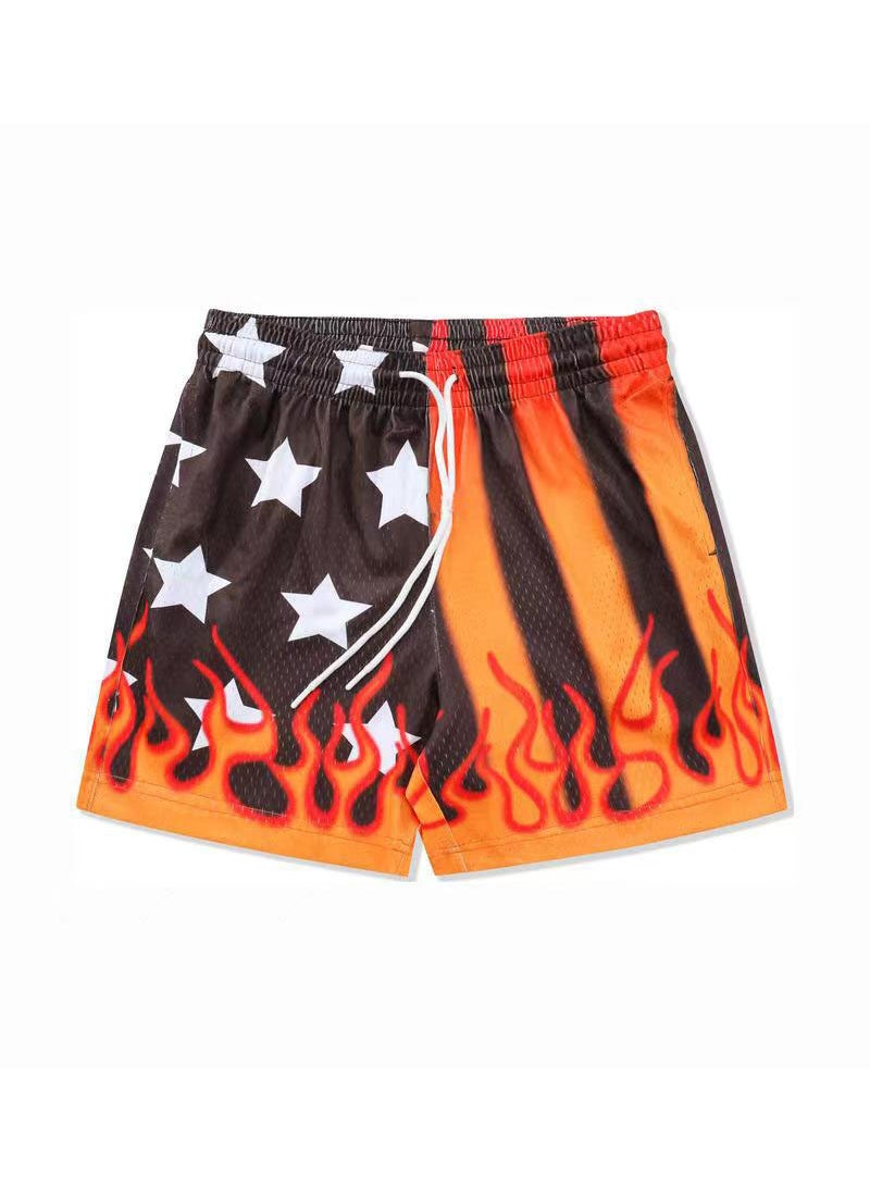 American casual shorts flame pattern basketball sports fitness running beach casual breathable Mens Fitness sports pants Black Orange 