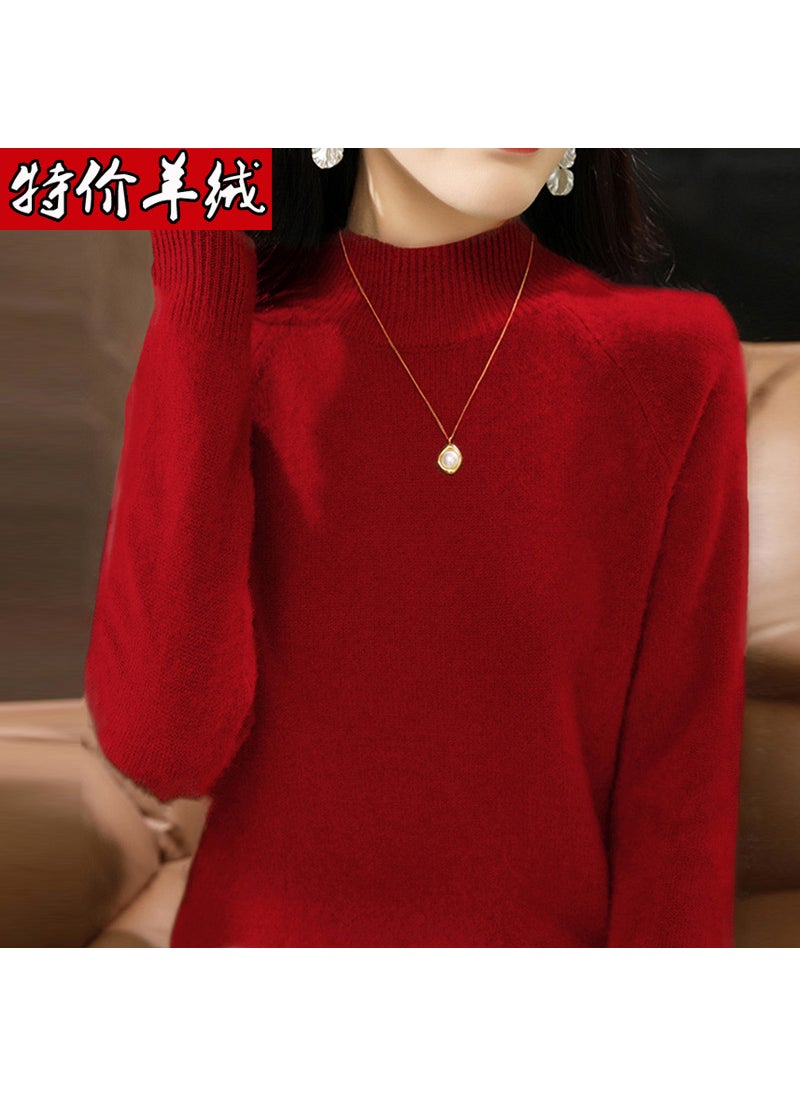 Generic - Autumn/Winter New Womens Half-Polo Turtle Neck Sweater Versatile Knitted Top Pure Wool Base Layer Top Pullover Red - Image 1