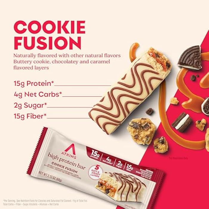 Atkins High Protein Bars, Cookie Fusion Flavor, 15g of Protein, 4g Net Carbs, Keto Protein Bars, Low Sugar, 4 Count - Image 2