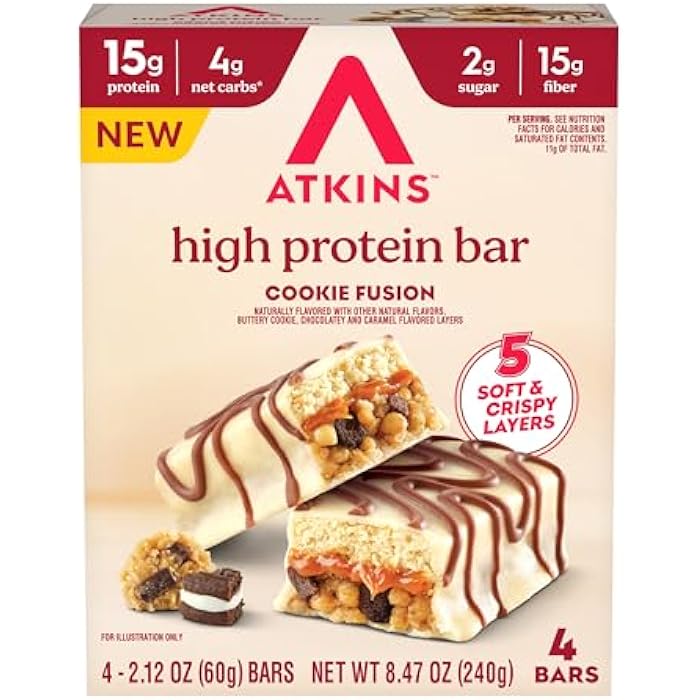 Atkins High Protein Bars, Cookie Fusion Flavor, 15g of Protein, 4g Net Carbs, Keto Protein Bars, Low Sugar, 4 Count - Image 1