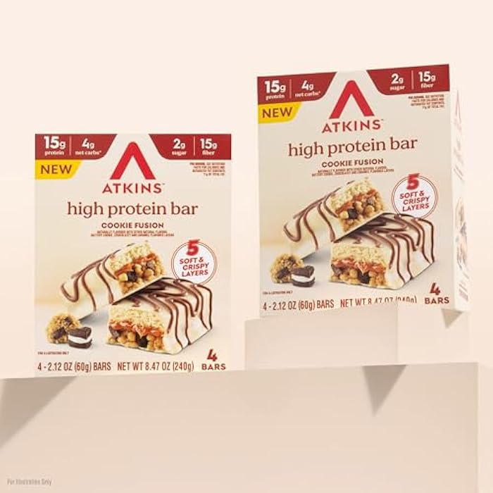Atkins High Protein Bars, Cookie Fusion Flavor, 15g of Protein, 4g Net Carbs, Keto Protein Bars, Low Sugar, 4 Count - Image 5