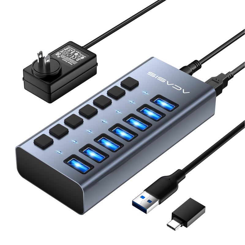 Acasis Powered USB 3.2 Hub, ACASIS 7 Ports USB 3.2 Hub with 10Gbps Data Speed, Aluminum Housing, USB Hub Powered with 24W Power Adapter, USB Hub for PC/Laptop, Computer, Flash Drive, Printer, Camera - Image 1