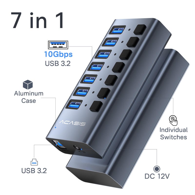 Acasis Powered USB 3.2 Hub, ACASIS 7 Ports USB 3.2 Hub with 10Gbps Data Speed, Aluminum Housing, USB Hub Powered with 24W Power Adapter, USB Hub for PC/Laptop, Computer, Flash Drive, Printer, Camera - Image 2
