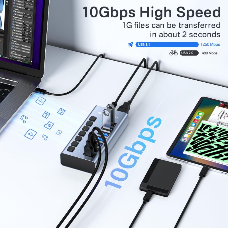 Acasis Powered USB 3.2 Hub, ACASIS 7 Ports USB 3.2 Hub with 10Gbps Data Speed, Aluminum Housing, USB Hub Powered with 24W Power Adapter, USB Hub for PC/Laptop, Computer, Flash Drive, Printer, Camera - Image 3