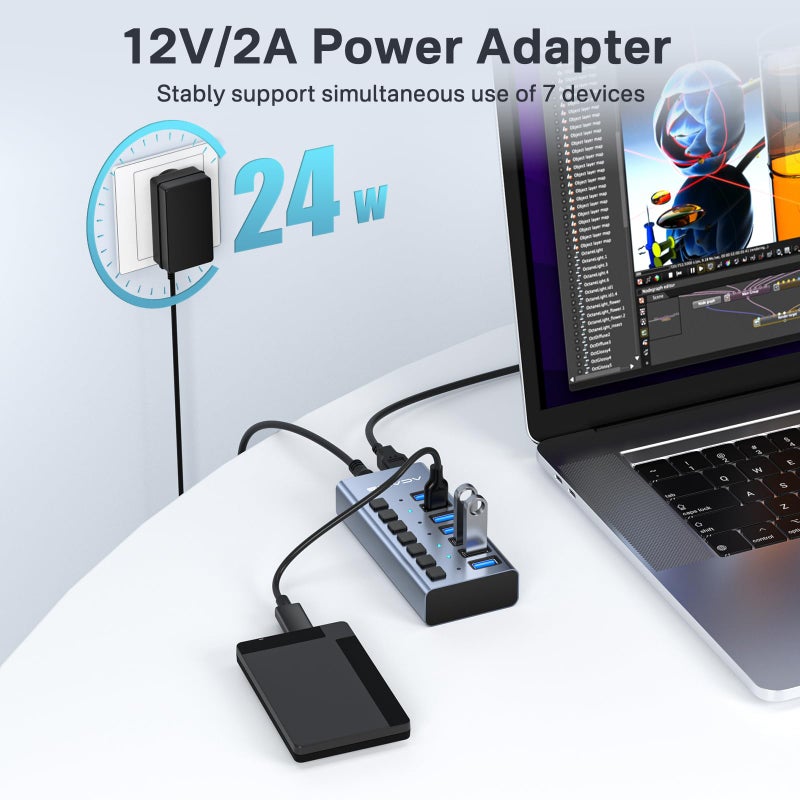 Acasis Powered USB 3.2 Hub, ACASIS 7 Ports USB 3.2 Hub with 10Gbps Data Speed, Aluminum Housing, USB Hub Powered with 24W Power Adapter, USB Hub for PC/Laptop, Computer, Flash Drive, Printer, Camera - Image 4