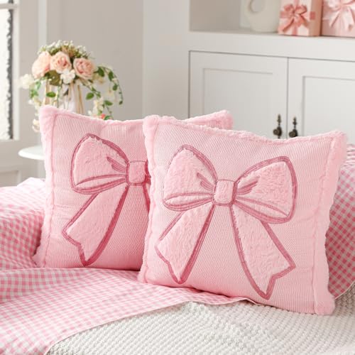 Gilprop Pink Bow Pillow Covers 18x18 Set of 2 Embroidered Coquette Preppy Room Decor Decorative Cute Faux Fur Soft Bowknot Aesthetic Pillow Cover Valentines Pillowcase for Bed Couch Dormitories Decor - Image 1