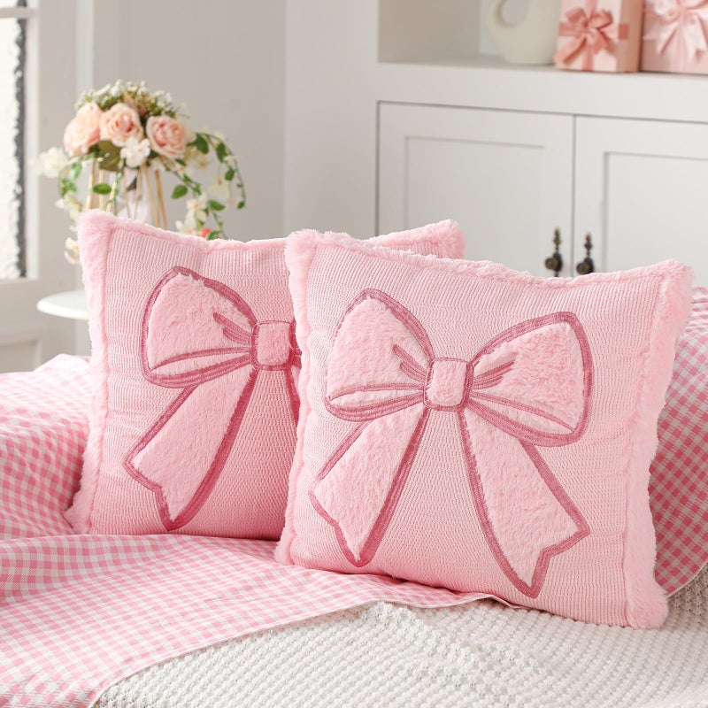 Gilprop Pink Bow Pillow Covers 18x18 Set of 2 Embroidered Coquette Preppy Room Decor Decorative Cute Faux Fur Soft Bowknot Aesthetic Pillow Cover Valentines Pillowcase for Bed Couch Dormitories Decor - Image 2