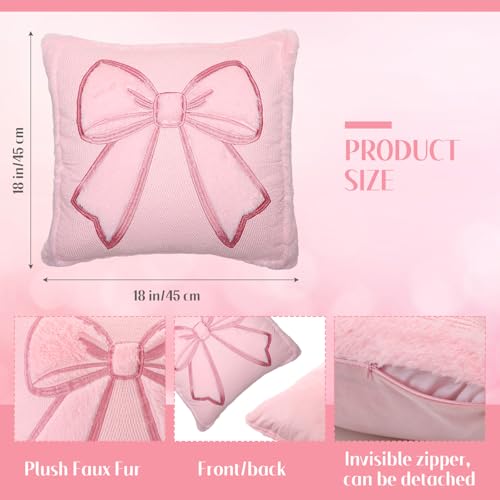 Gilprop Pink Bow Pillow Covers 18x18 Set of 2 Embroidered Coquette Preppy Room Decor Decorative Cute Faux Fur Soft Bowknot Aesthetic Pillow Cover Valentines Pillowcase for Bed Couch Dormitories Decor - Image 3