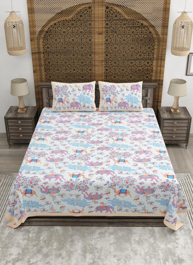 CLOTHOLOGY CLOTHOLOGY Blue & Pink Floral Printed 180TC Pure Cotton King Bedsheet Set