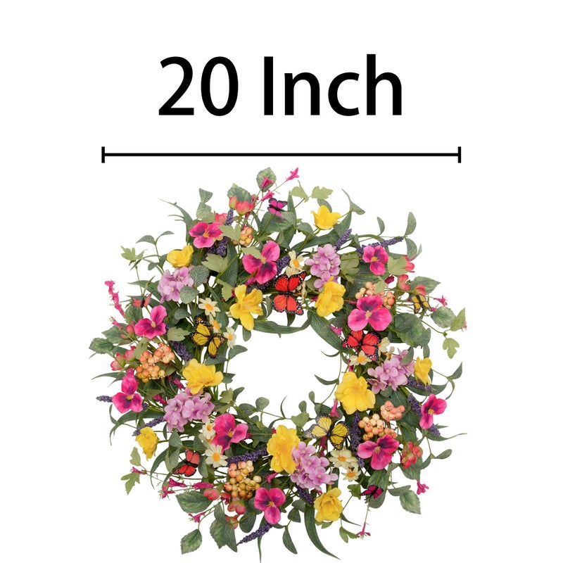 VGIA 20 inch Flower Wreath Spring Door Wreath Artificial Summer Wreath Spring Decorations with Colorful Silk Flowers and Butterflies for Home Wedding Farmhouse Holiday Decor - Image 2