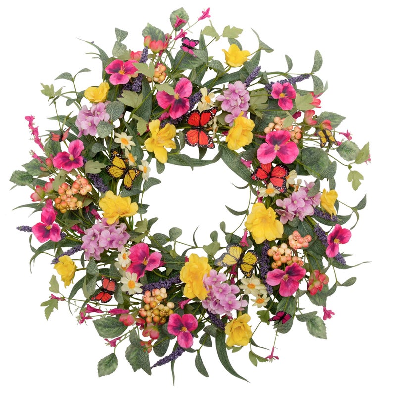 VGIA 20 inch Flower Wreath Spring Door Wreath Artificial Summer Wreath Spring Decorations with Colorful Silk Flowers and Butterflies for Home Wedding Farmhouse Holiday Decor - Image 1