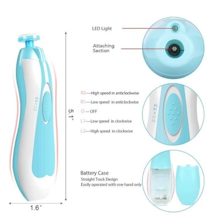 CIVORA Baby Nail Trimmer Electric - 6-in-1 Baby Nail Clippers & File Set with LED Light, Portable & Lightweight, Safe for Newborns, Toddlers, Kids, and Adults - Includes 6 Grinding & Polishing Heads - Image 2