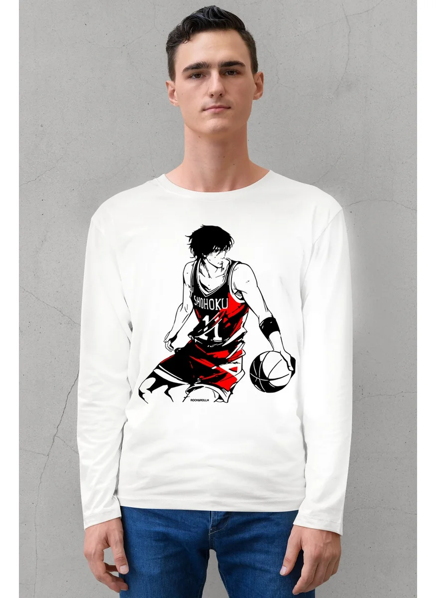 Rock&Roll Handsome Basketball Player Crew Neck White Long Sleeve Combed Cotton Men's T-Shirt