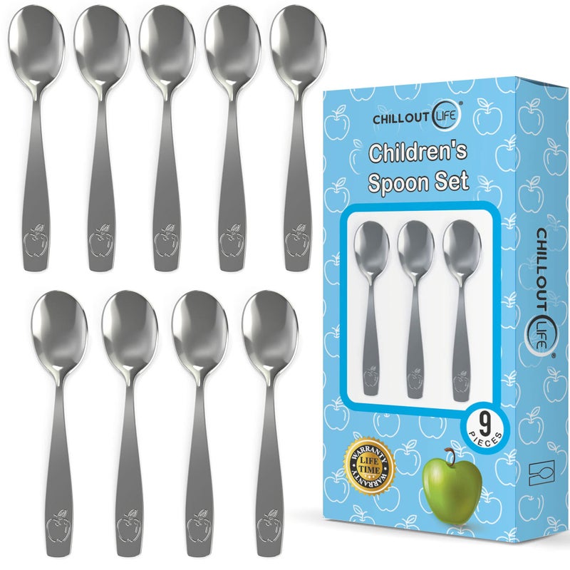 9 Piece Stainless Steel Kids Spoons  Child and Toddler Safe Flatware  Kids Utensil Set  Metal Kid Cutlery Set Dinner Spoon Set for Dessert  Includes a Total of 9 Small Spoons
