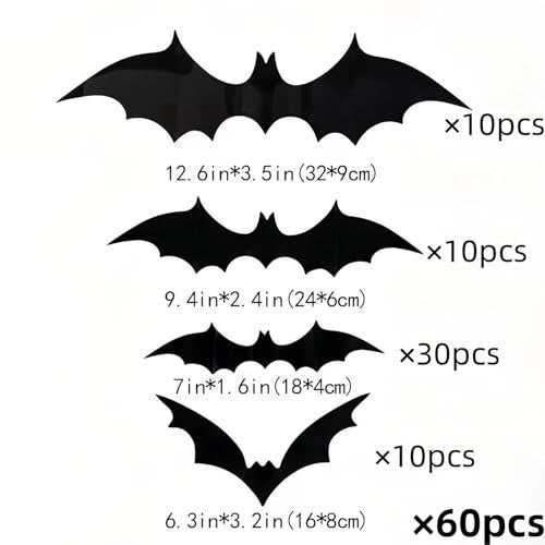 Partyreal 60Pcs Bats Halloween Decorations Party Supplies, Realistic PVC 3D Black Bat Stickers for Spooky Home Decor, DIY Wall Window Decal for Bathroom & Indoor Use (4 Sizes) - Image 2