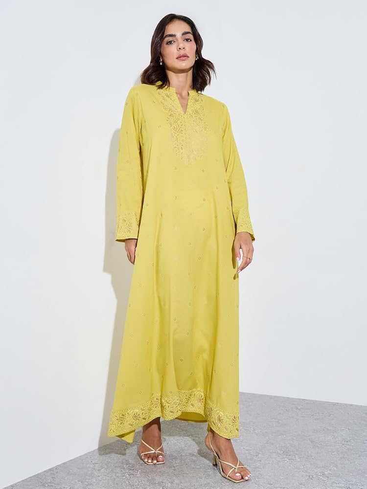Styli Amirah Green Foil Print Long Sleeves Jalabiya,Green,S - Image 1