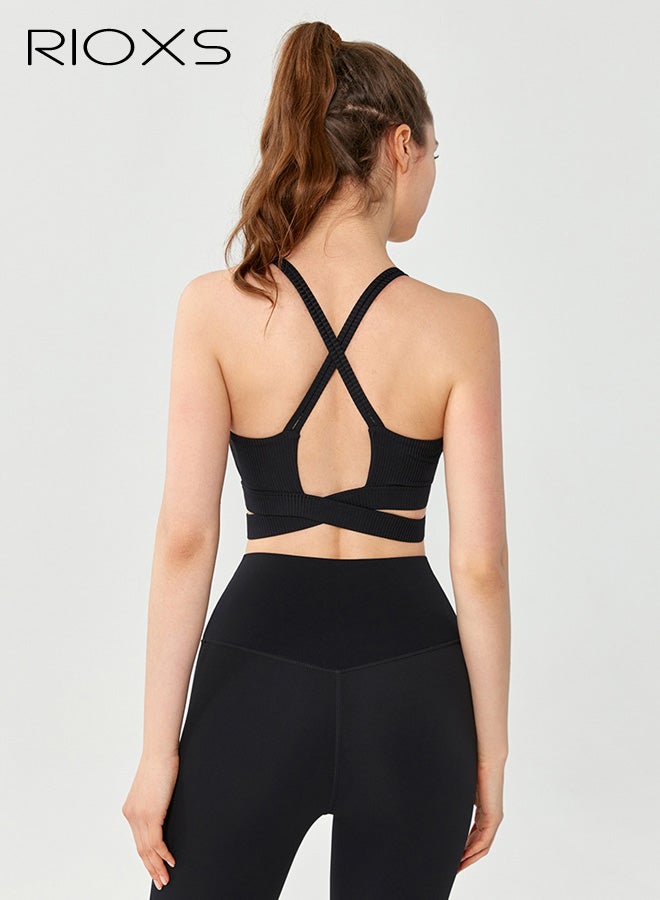 RIOXS Womens Cross Back Sports Bras, Breathable Push Up Strappy Scoop Neck Workout Crop Tank Top with Built in Pads, Stretch Medium Support Workout Yoga Bras for Running Hiking Riding, Black - Image 3