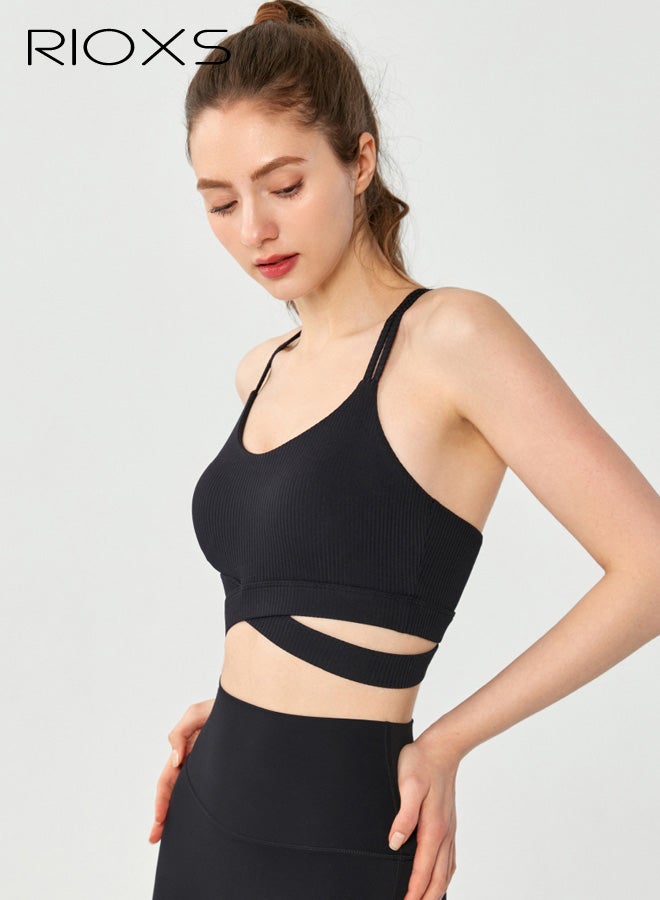 RIOXS Womens Cross Back Sports Bras, Breathable Push Up Strappy Scoop Neck Workout Crop Tank Top with Built in Pads, Stretch Medium Support Workout Yoga Bras for Running Hiking Riding, Black - Image 4