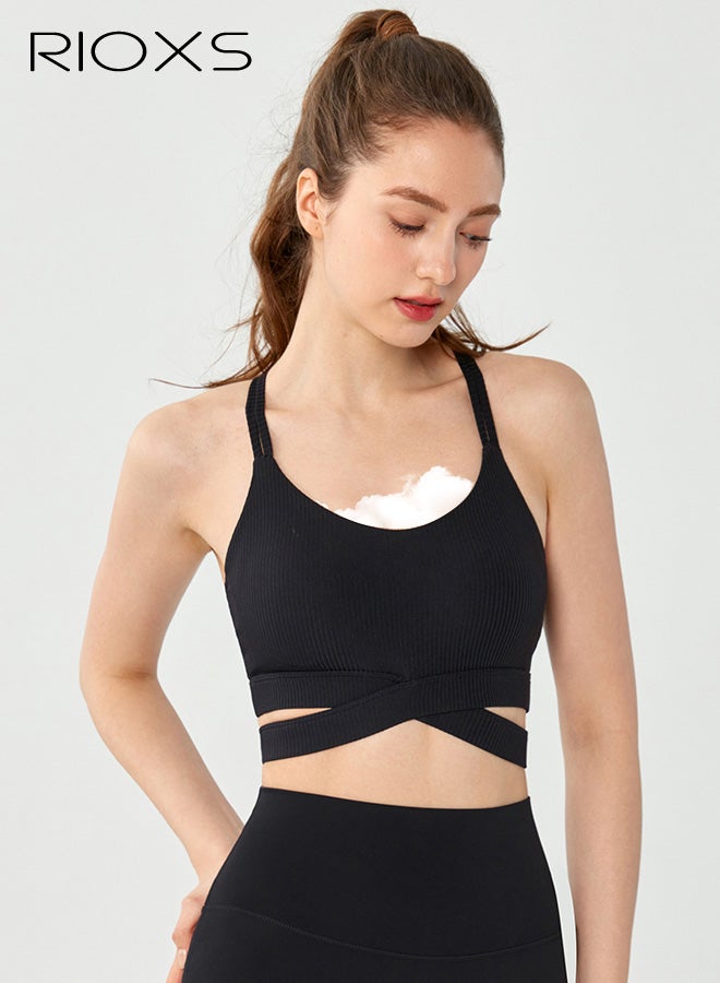 RIOXS Womens Cross Back Sports Bras, Breathable Push Up Strappy Scoop Neck Workout Crop Tank Top with Built in Pads, Stretch Medium Support Workout Yoga Bras for Running Hiking Riding, Black - Image 2