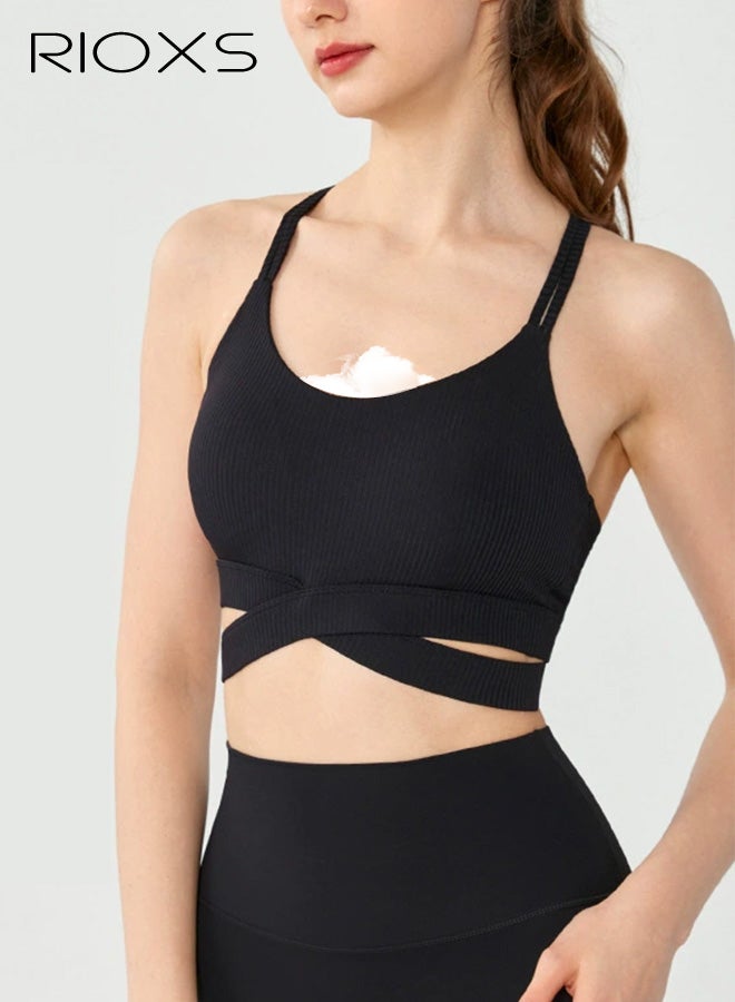 RIOXS Womens Cross Back Sports Bras, Breathable Push Up Strappy Scoop Neck Workout Crop Tank Top with Built in Pads, Stretch Medium Support Workout Yoga Bras for Running Hiking Riding, Black - Image 1