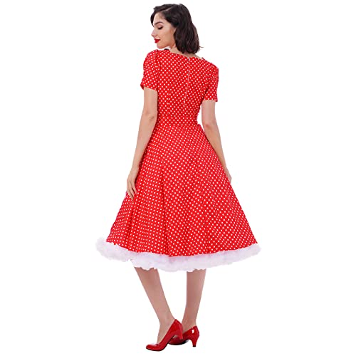 IKADEX Women Vintage 50s Dress Square Neck A-line Polka Dot Rockabilly Swing Evening Party Cocktail Dresses Red L - Image 3